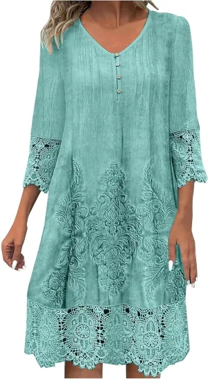 Women's Vintage Embroidered Midi Dress, 3/4 Sleeve V-Neck Half Button Elegant Dresses Fashion Hollow Out Loose Clothes