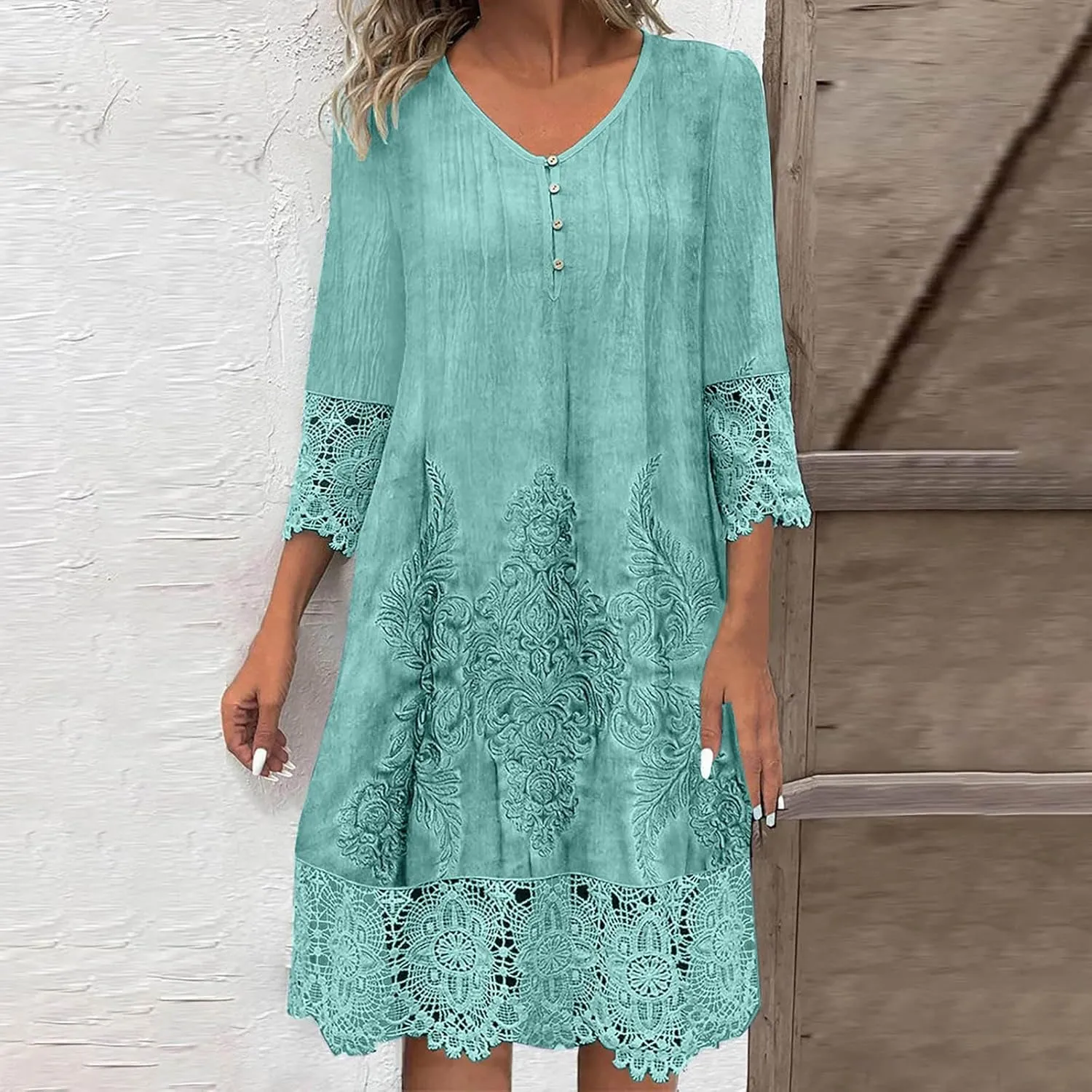 Women's Vintage Embroidered Midi Dress, 3/4 Sleeve V-Neck Half Button Elegant Dresses Fashion Hollow Out Loose Clothes