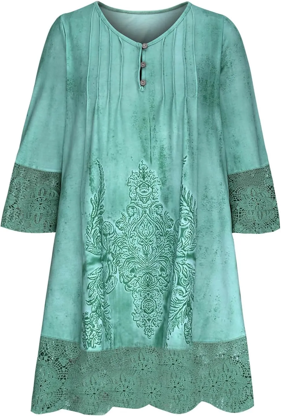 Women's Vintage Embroidered Midi Dress, 3/4 Sleeve V-Neck Half Button Elegant Dresses Fashion Hollow Out Loose Clothes