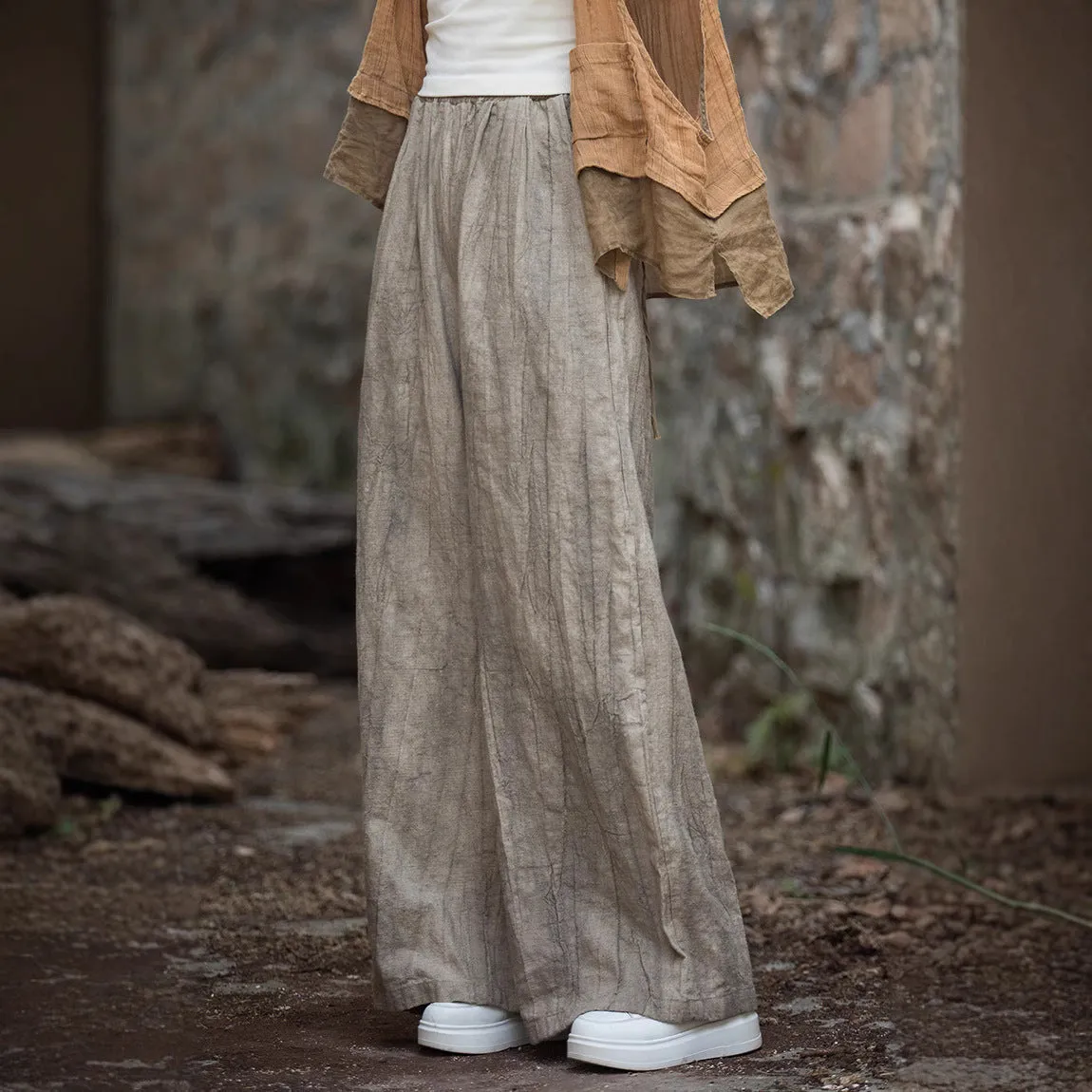 Womens Wide-Leg Trousers  Linen Cotton Blend  Relaxed Fit  Elastic Waistband Casual Wear