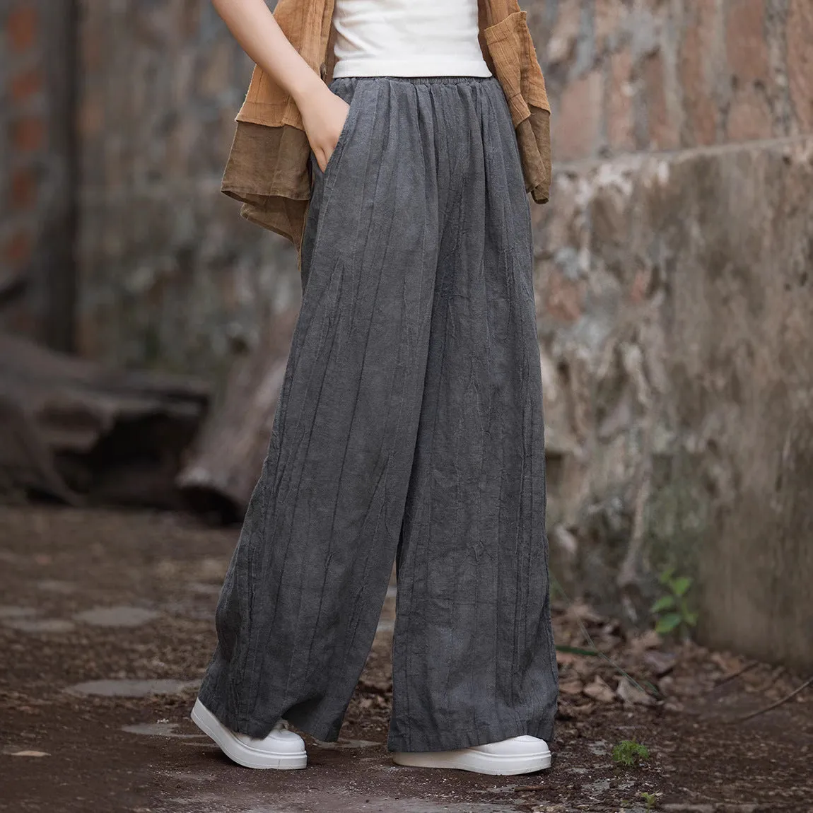Womens Wide-Leg Trousers  Linen Cotton Blend  Relaxed Fit  Elastic Waistband Casual Wear