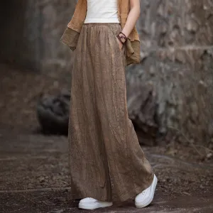 Womens Wide-Leg Trousers  Linen Cotton Blend  Relaxed Fit  Elastic Waistband Casual Wear