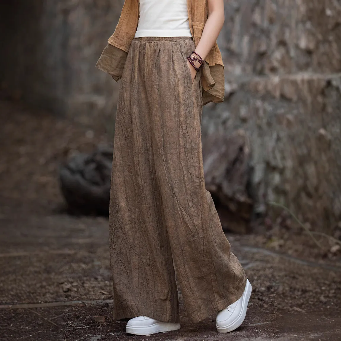 Womens Wide-Leg Trousers  Linen Cotton Blend  Relaxed Fit  Elastic Waistband Casual Wear