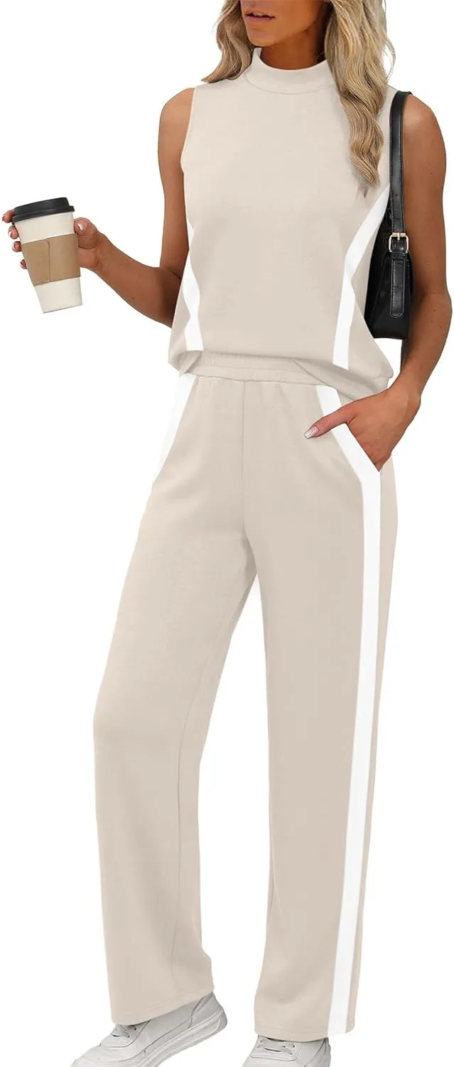 XIEERDUO Two Piece Sets for Women Summer Outfits Travel Mock Neck Lounge Sets Wide Leg Pants Beach Vacation Clothes
