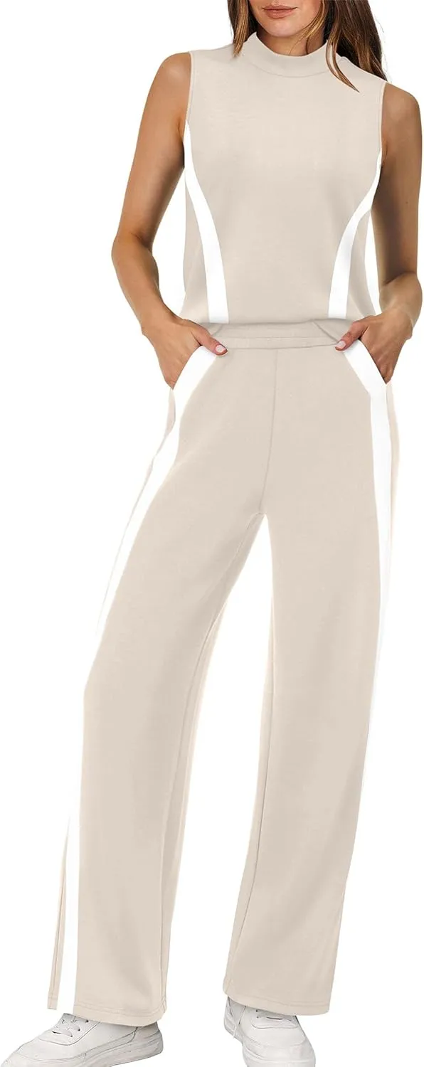 XIEERDUO Two Piece Sets for Women Summer Outfits Travel Mock Neck Lounge Sets Wide Leg Pants Beach Vacation Clothes