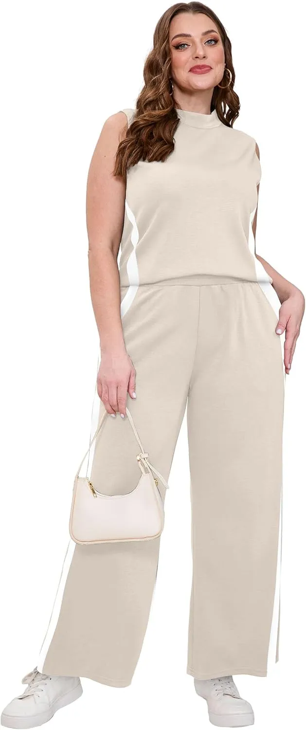 XIEERDUO Two Piece Sets for Women Summer Outfits Travel Mock Neck Lounge Sets Wide Leg Pants Beach Vacation Clothes