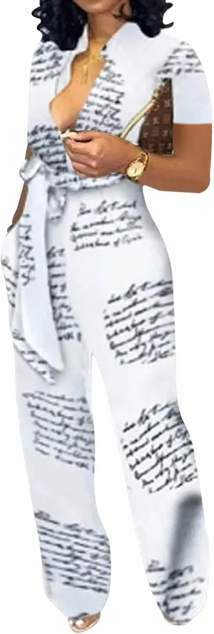 Xinlees Womens Elegant Jumpsuits Casual Short Sleeve Fashion Print Long Pants Rompers Straight Club Outfits