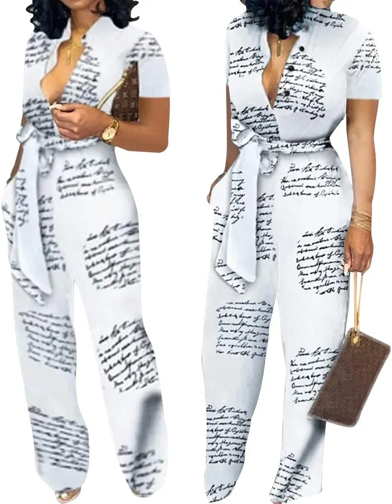 Xinlees Womens Elegant Jumpsuits Casual Short Sleeve Fashion Print Long Pants Rompers Straight Club Outfits