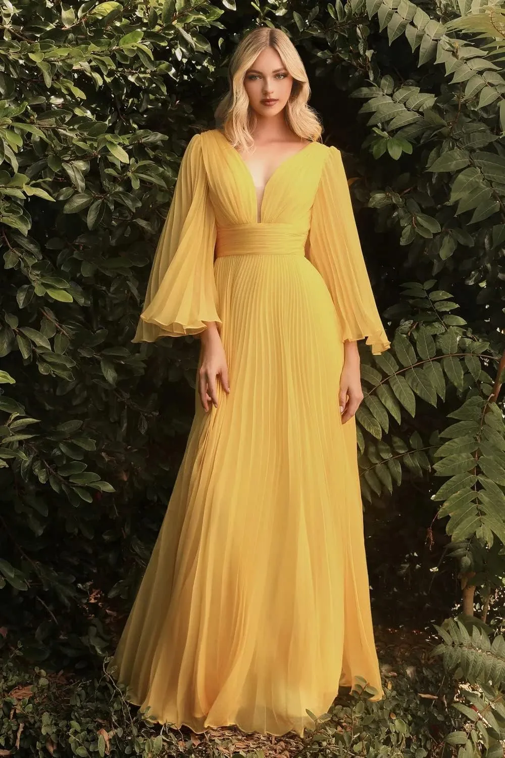 XYAYE Women's Chiffon Long Sleeve Prom Dresses V-Neck Pleated Formal Dresses Flowy Bridesmaid Dresses XY076