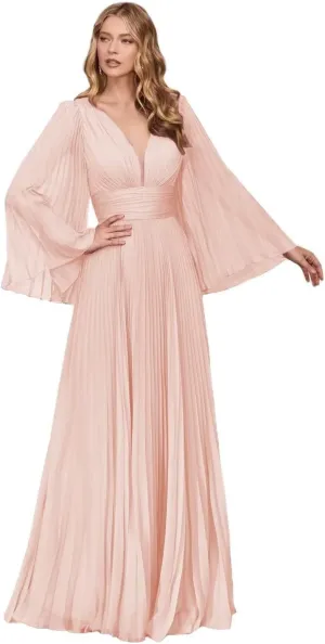 XYAYE Women's Chiffon Long Sleeve Prom Dresses V-Neck Pleated Formal Dresses Flowy Bridesmaid Dresses XY076