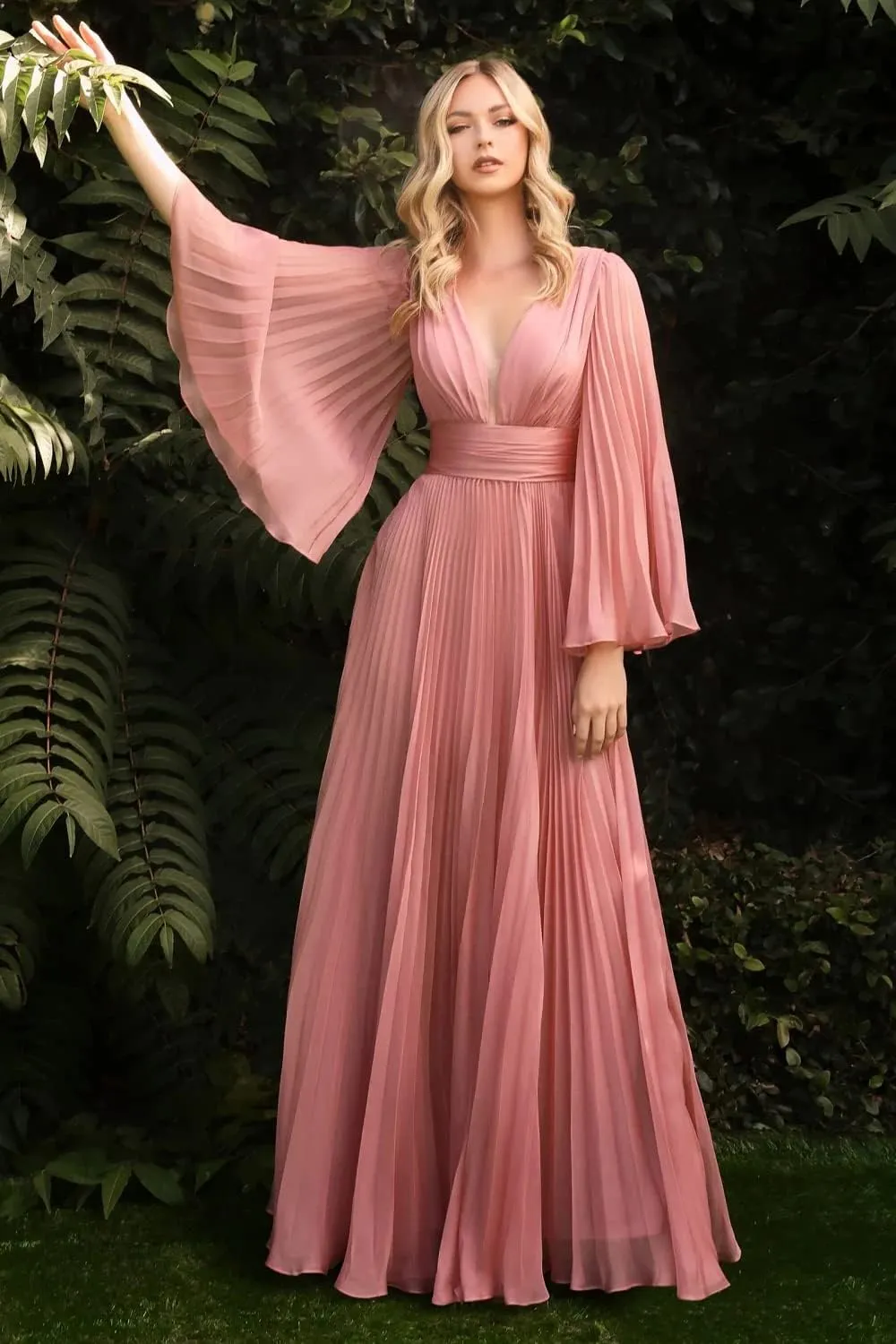 XYAYE Women's Chiffon Long Sleeve Prom Dresses V-Neck Pleated Formal Dresses Flowy Bridesmaid Dresses XY076