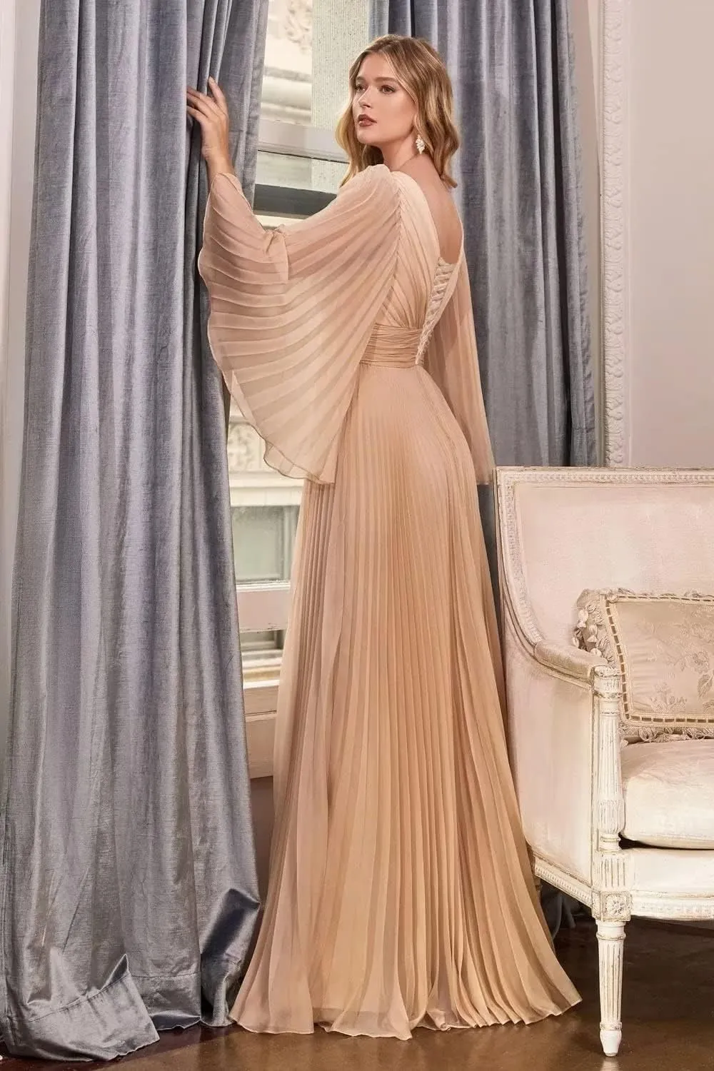 XYAYE Women's Chiffon Long Sleeve Prom Dresses V-Neck Pleated Formal Dresses Flowy Bridesmaid Dresses XY076