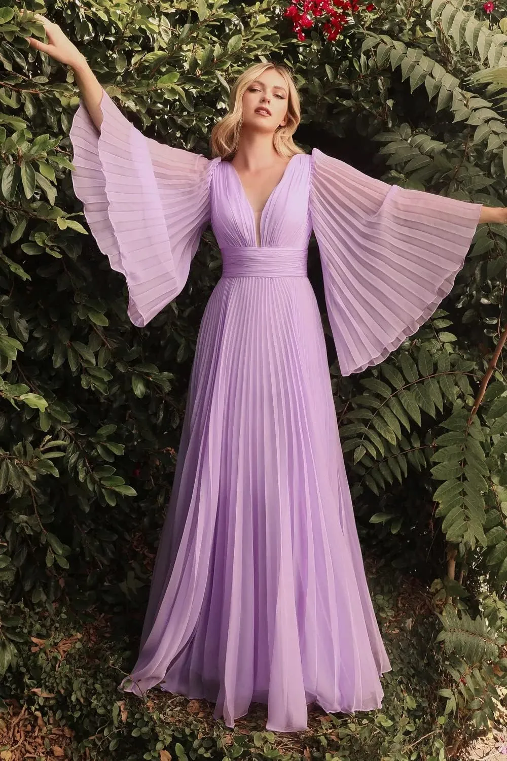 XYAYE Women's Chiffon Long Sleeve Prom Dresses V-Neck Pleated Formal Dresses Flowy Bridesmaid Dresses XY076