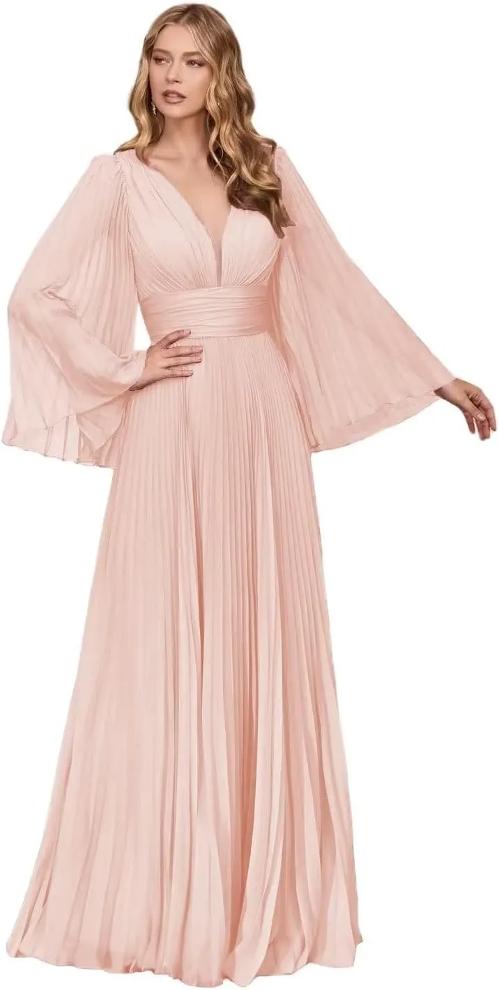 XYAYE Women's Chiffon Long Sleeve Prom Dresses V-Neck Pleated Formal Dresses Flowy Bridesmaid Dresses XY076