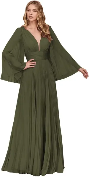 XYAYE Women's Chiffon Long Sleeve Prom Dresses V-Neck Pleated Formal Dresses Flowy Bridesmaid Dresses XY076