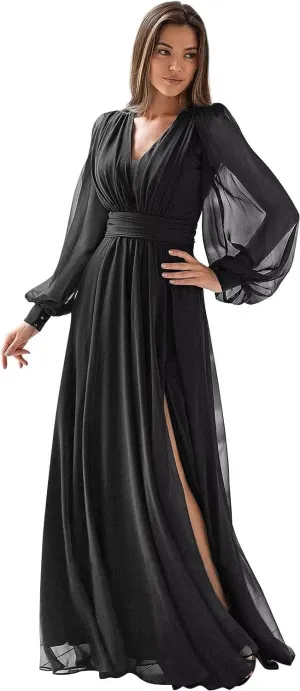 YOFF Women's Long Sleeve Bridesmaid Dresses V Neck Pleated Chiffon Formal Evening Gown with Slit YO036