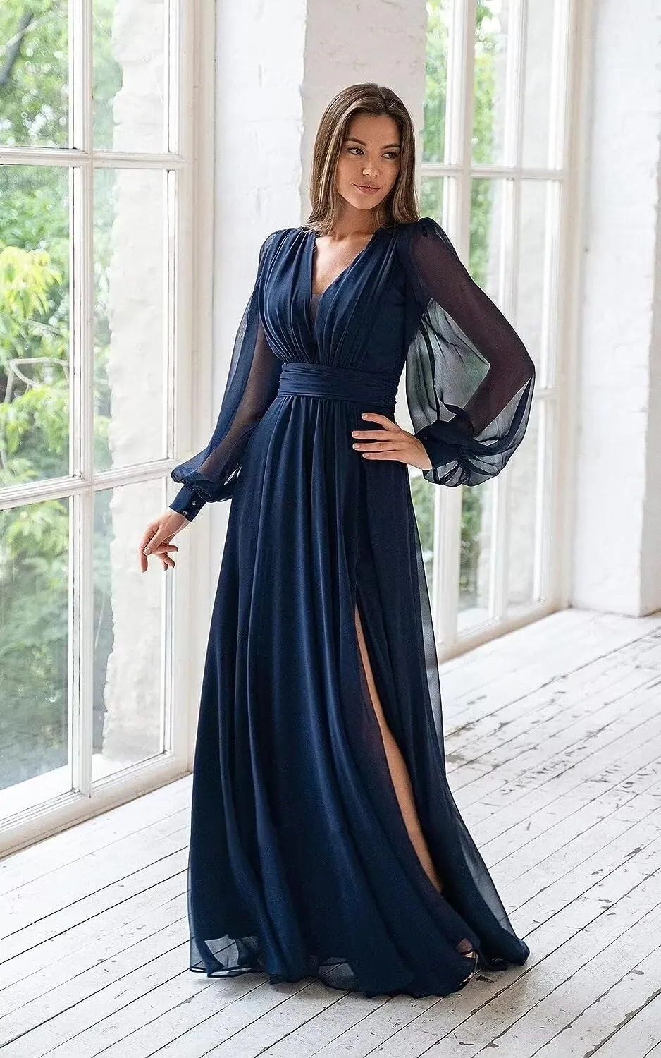 YOFF Women's Long Sleeve Bridesmaid Dresses V Neck Pleated Chiffon Formal Evening Gown with Slit YO036