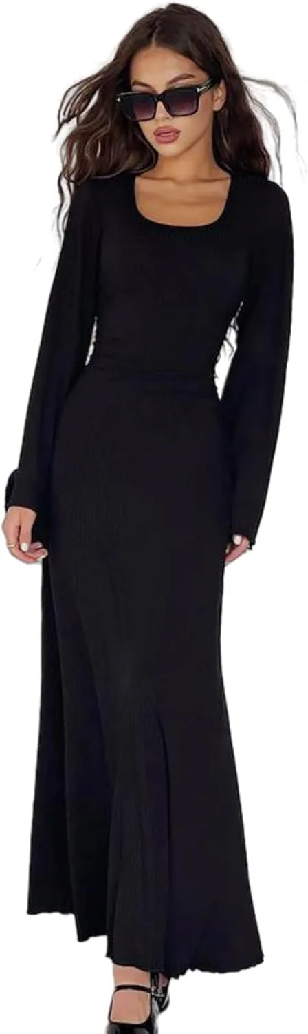 ZGMYC Women's Scoop Neck Lace Up Ribbed Maxi Dress Knit Flare Sleeve Bodycon Dress Loose Casual Long Dresses