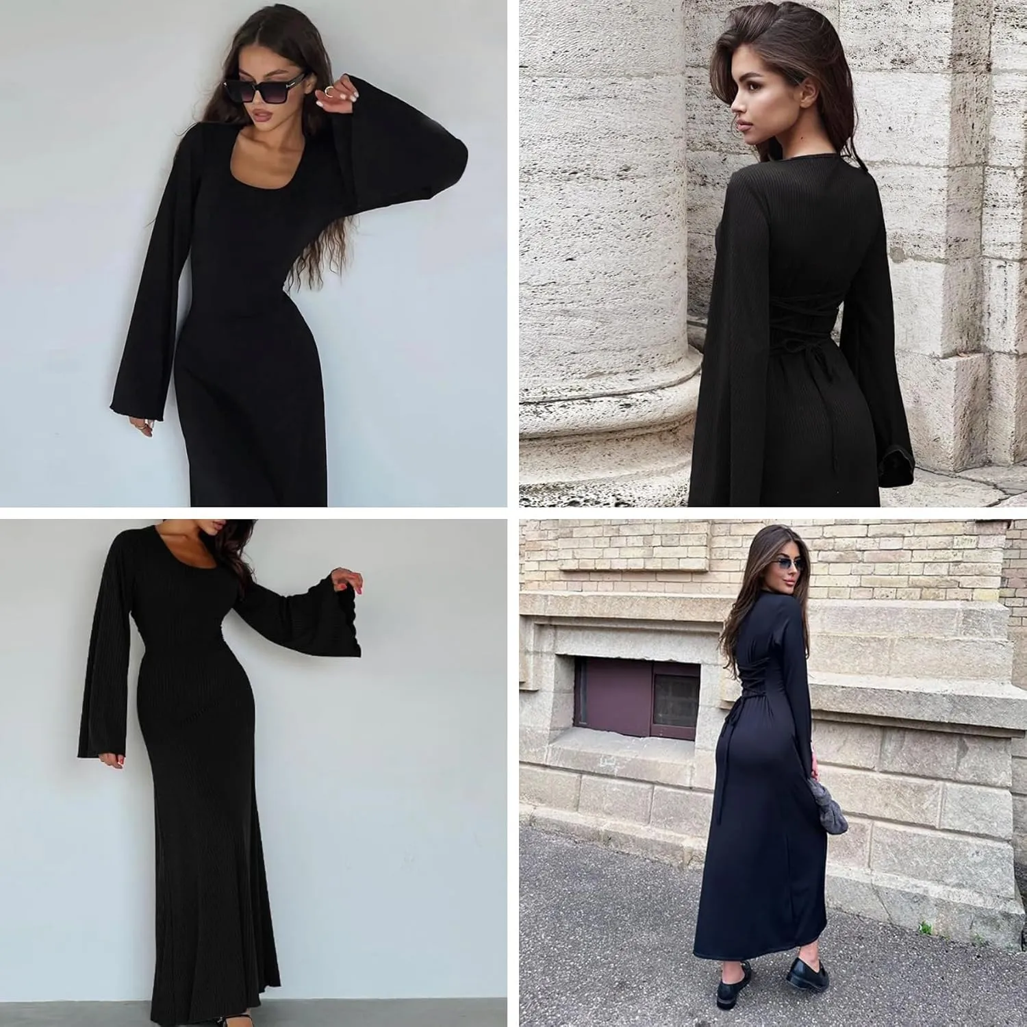 ZGMYC Women's Scoop Neck Lace Up Ribbed Maxi Dress Knit Flare Sleeve Bodycon Dress Loose Casual Long Dresses
