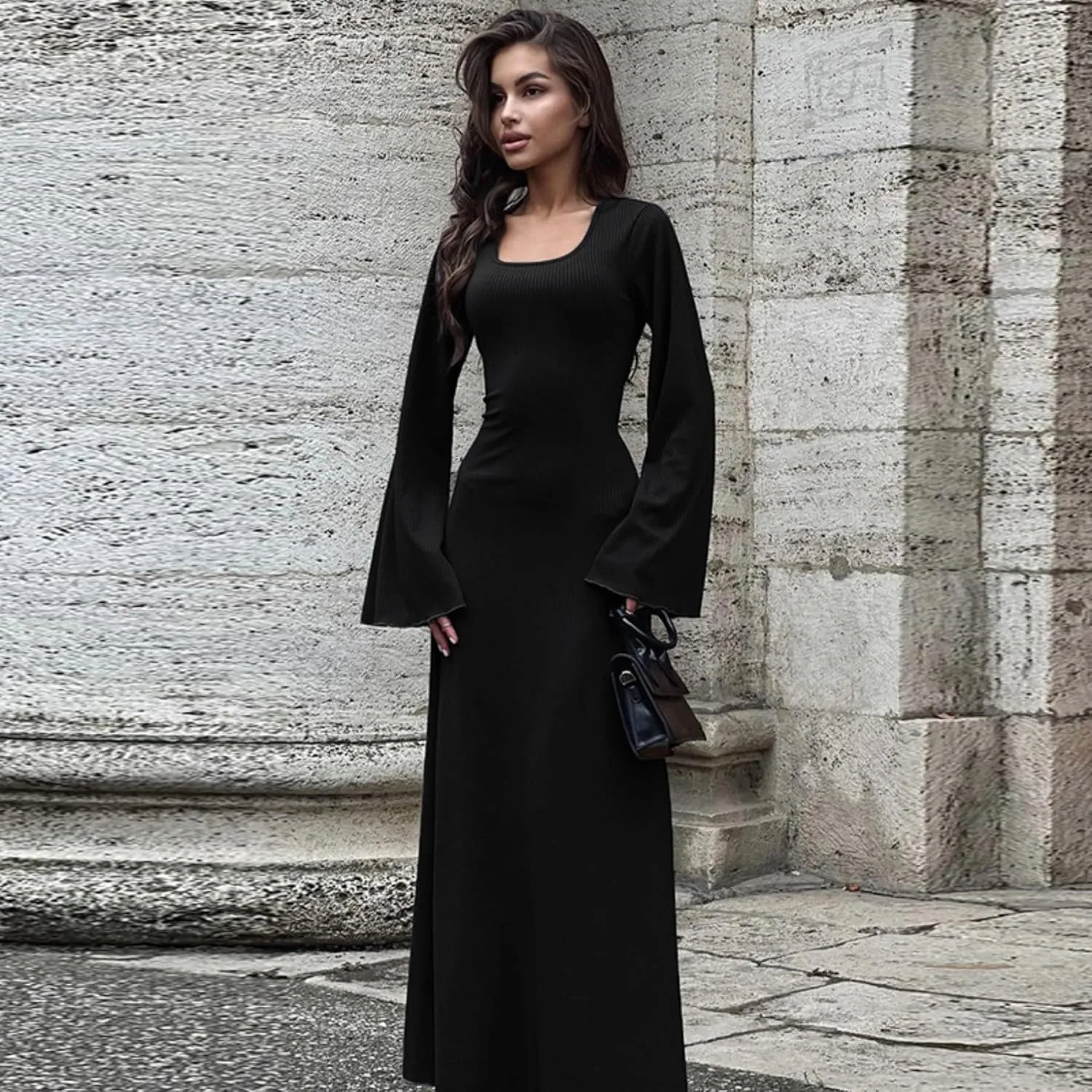 ZGMYC Women's Scoop Neck Lace Up Ribbed Maxi Dress Knit Flare Sleeve Bodycon Dress Loose Casual Long Dresses