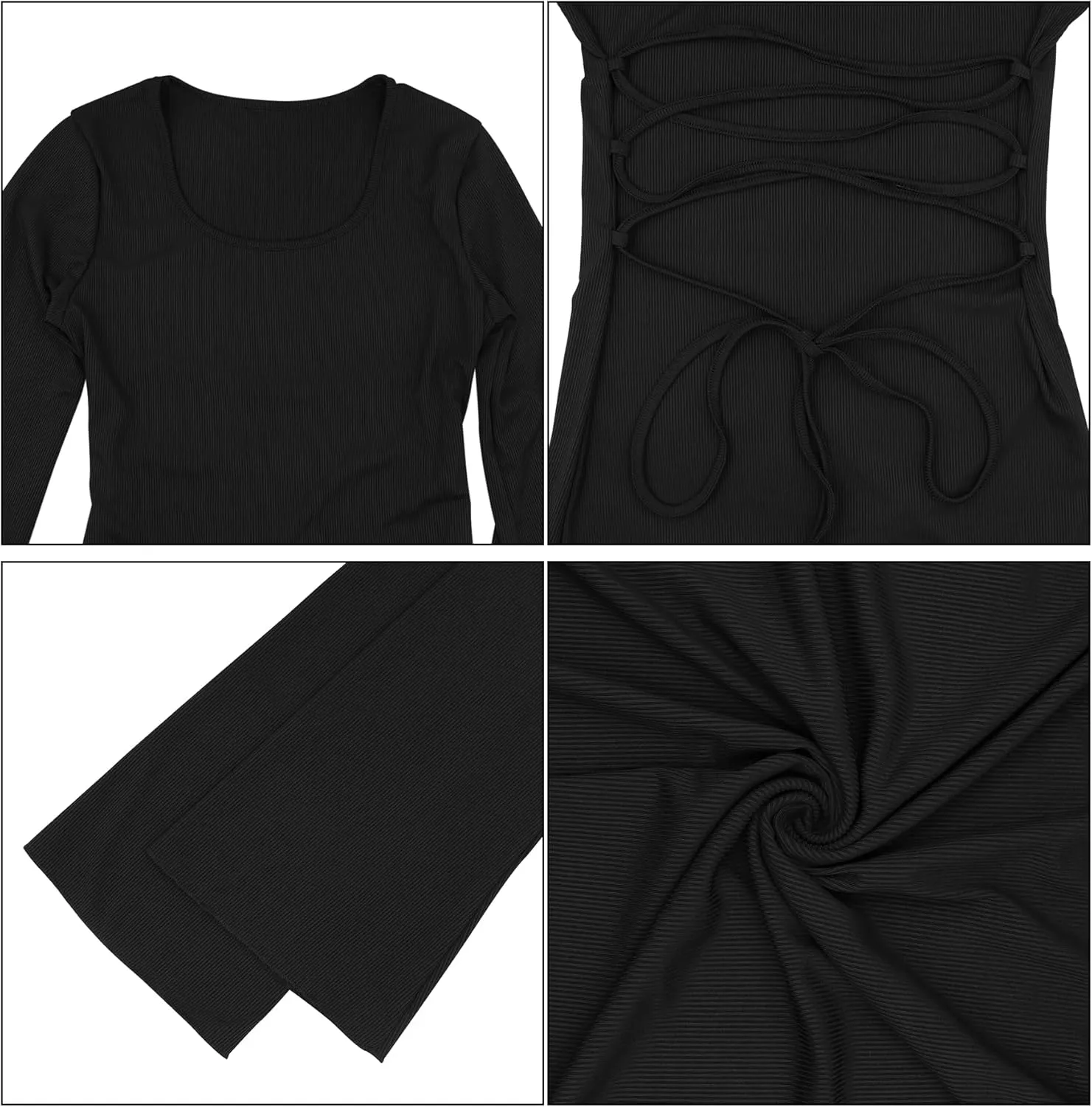 ZGMYC Women's Scoop Neck Lace Up Ribbed Maxi Dress Knit Flare Sleeve Bodycon Dress Loose Casual Long Dresses