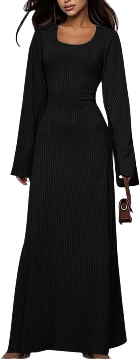 ZGMYC Women's Scoop Neck Lace Up Ribbed Maxi Dress Knit Flare Sleeve Bodycon Dress Loose Casual Long Dresses