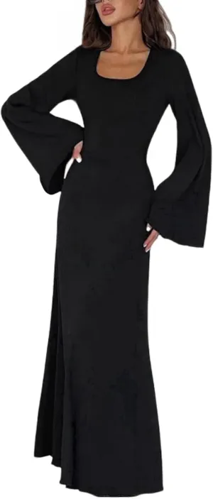 ZGMYC Women's Scoop Neck Lace Up Ribbed Maxi Dress Knit Flare Sleeve Bodycon Dress Loose Casual Long Dresses
