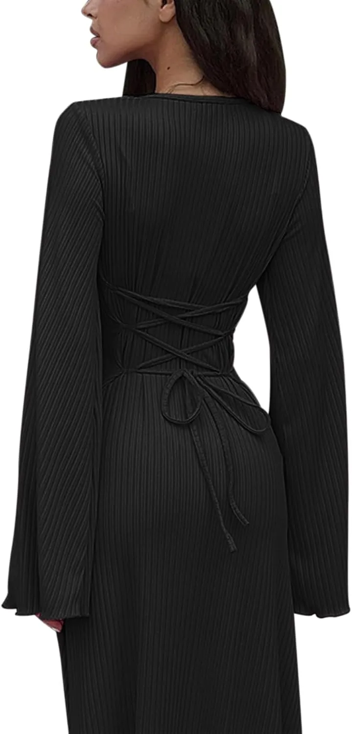 ZGMYC Women's Scoop Neck Lace Up Ribbed Maxi Dress Knit Flare Sleeve Bodycon Dress Loose Casual Long Dresses