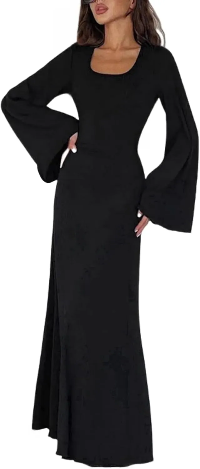 ZGMYC Women's Scoop Neck Lace Up Ribbed Maxi Dress Knit Flare Sleeve Bodycon Dress Loose Casual Long Dresses