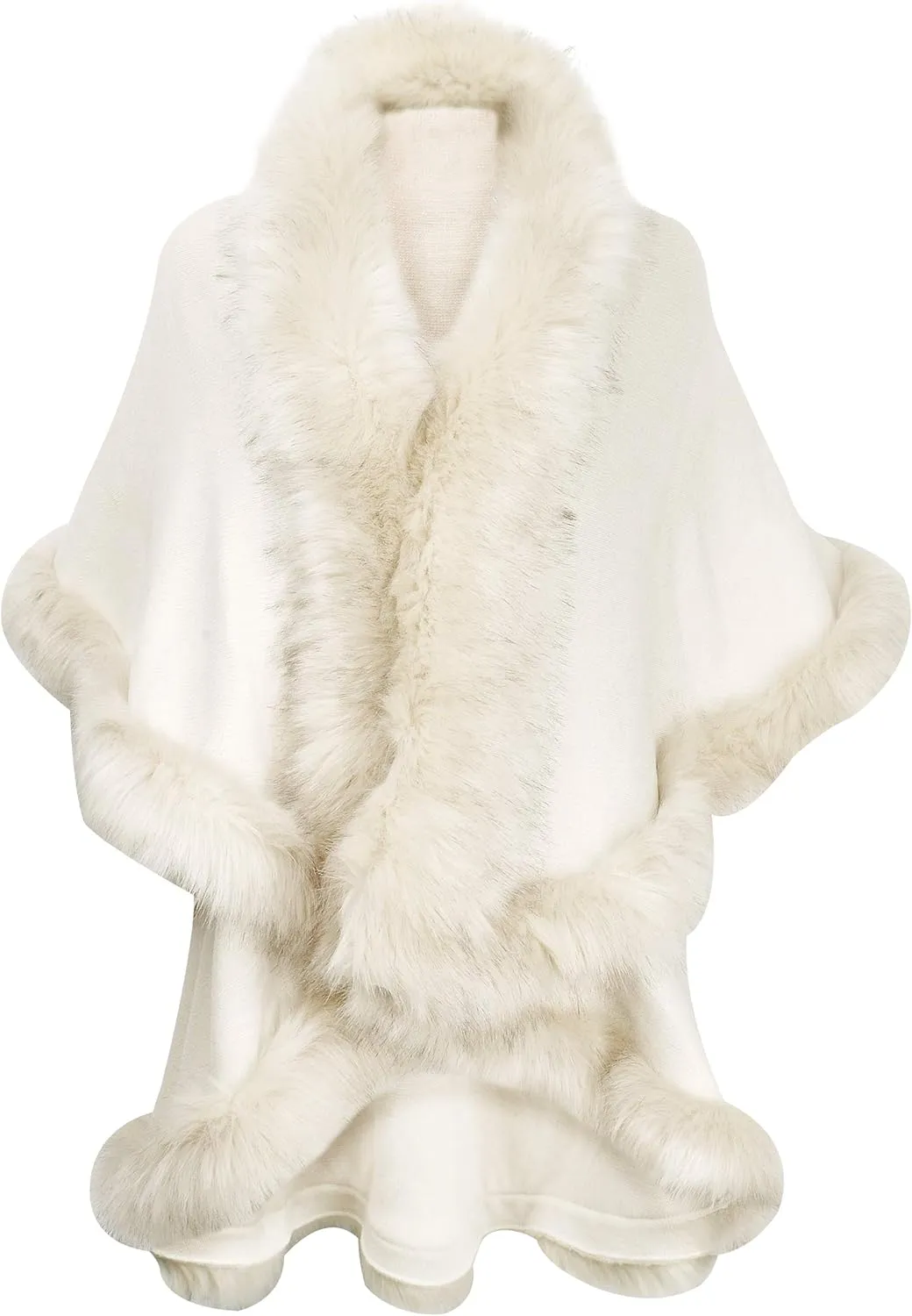 ZLYC Women Fine Knit Open Front Faux Fur Trim Layers Poncho Cape Cardigan Sweater