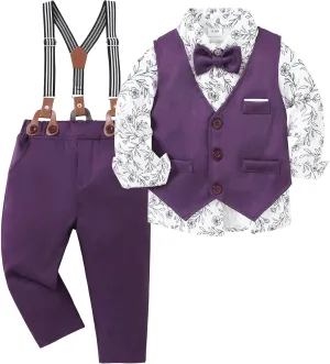 ZOEREA Toddler Boy Suit Formal Wedding Outfits Gentleman Clothes Long Sleeve Shirt   Suspender Pants   Bowtie