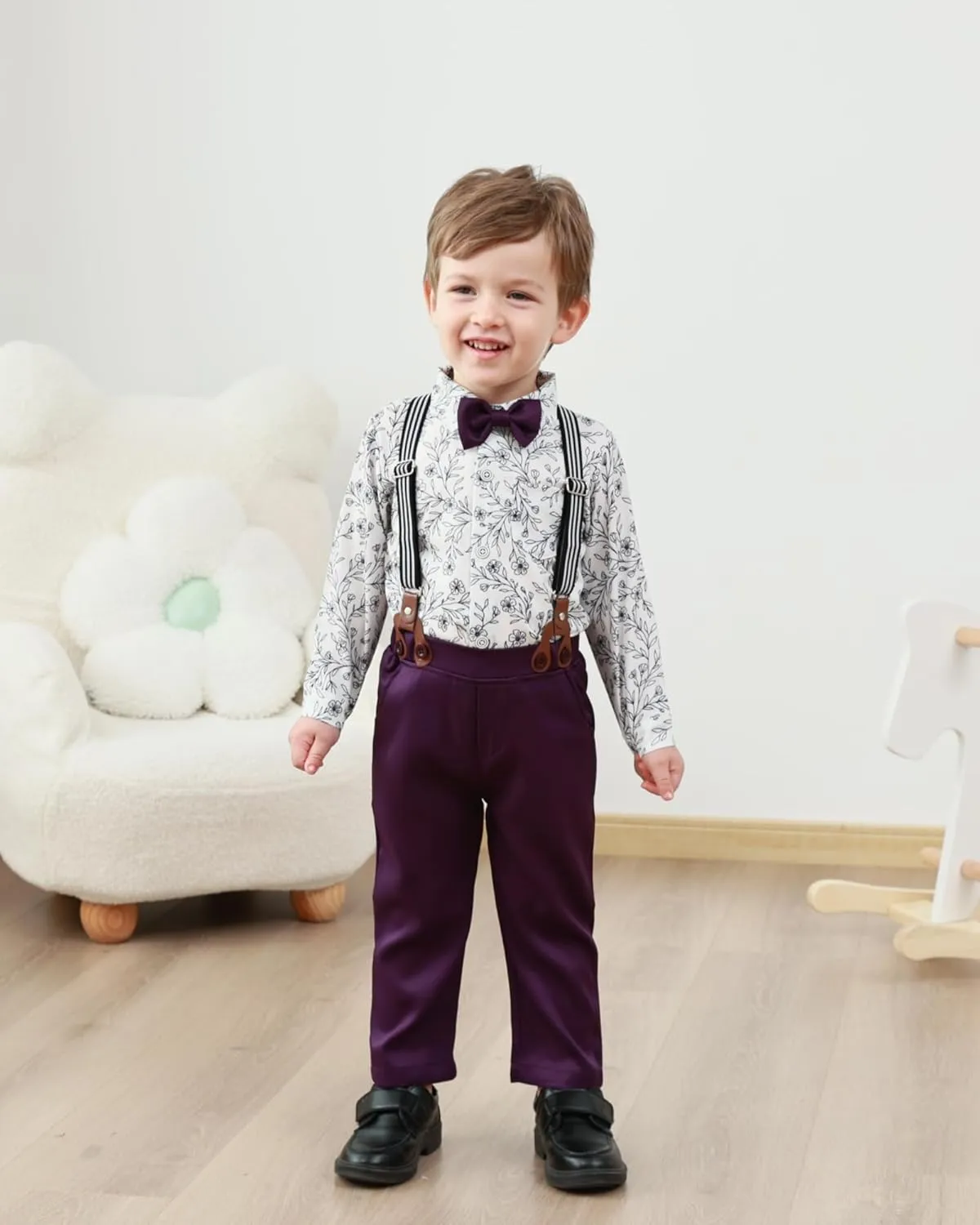 ZOEREA Toddler Boy Suit Formal Wedding Outfits Gentleman Clothes Long Sleeve Shirt   Suspender Pants   Bowtie